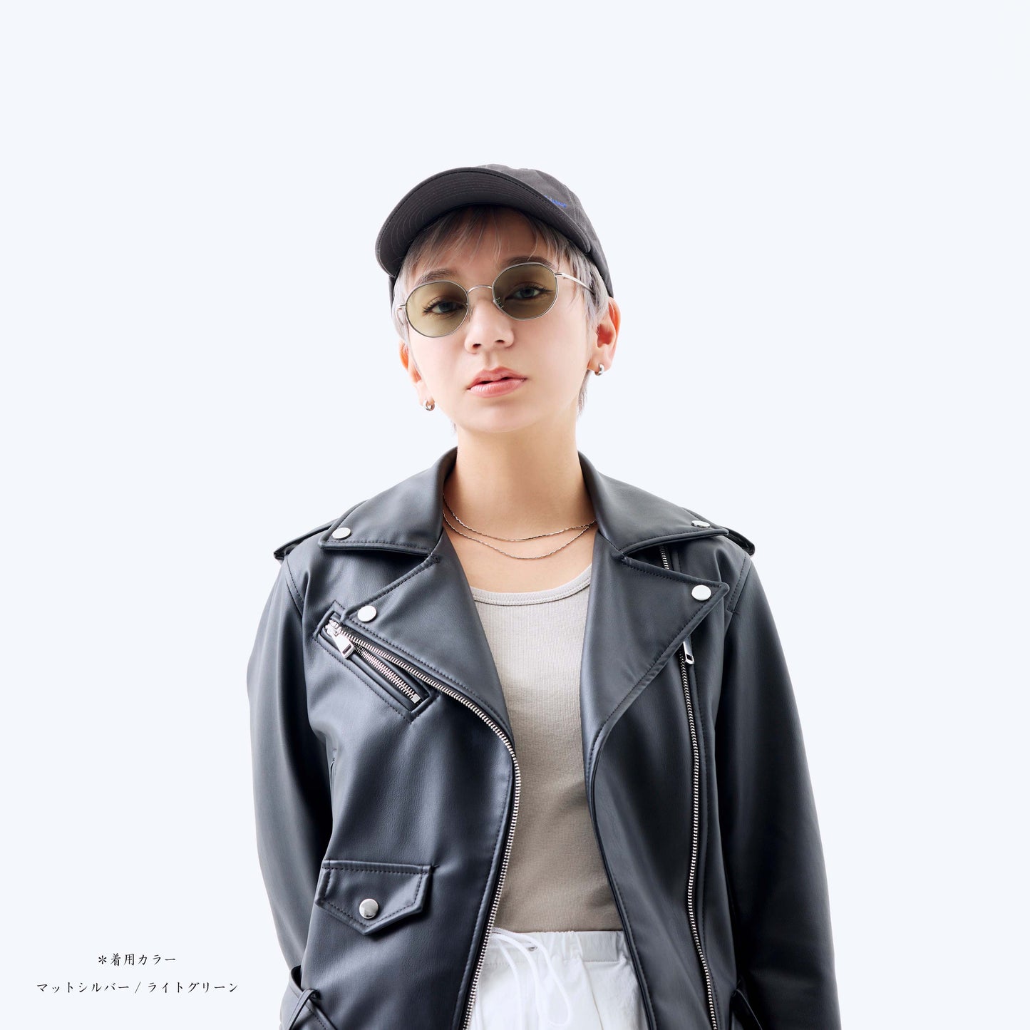 noeyedia_NE-425SP-SIGN_モデル着用正面_サングラス_マットシルバー/ライトグリーン_オクタゴン